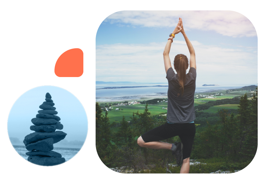 Woman training Yoga in front of a nature field landscape